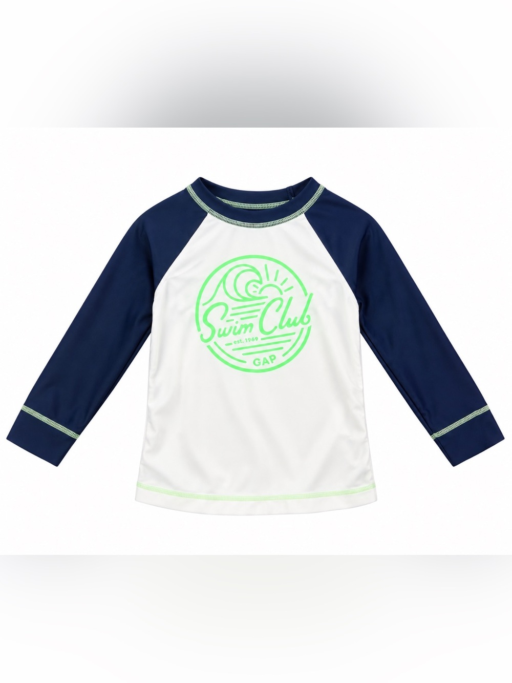 GAP Kids White & Navy Swim Club Long Sleeve Rashguard with Neon Green Graphic